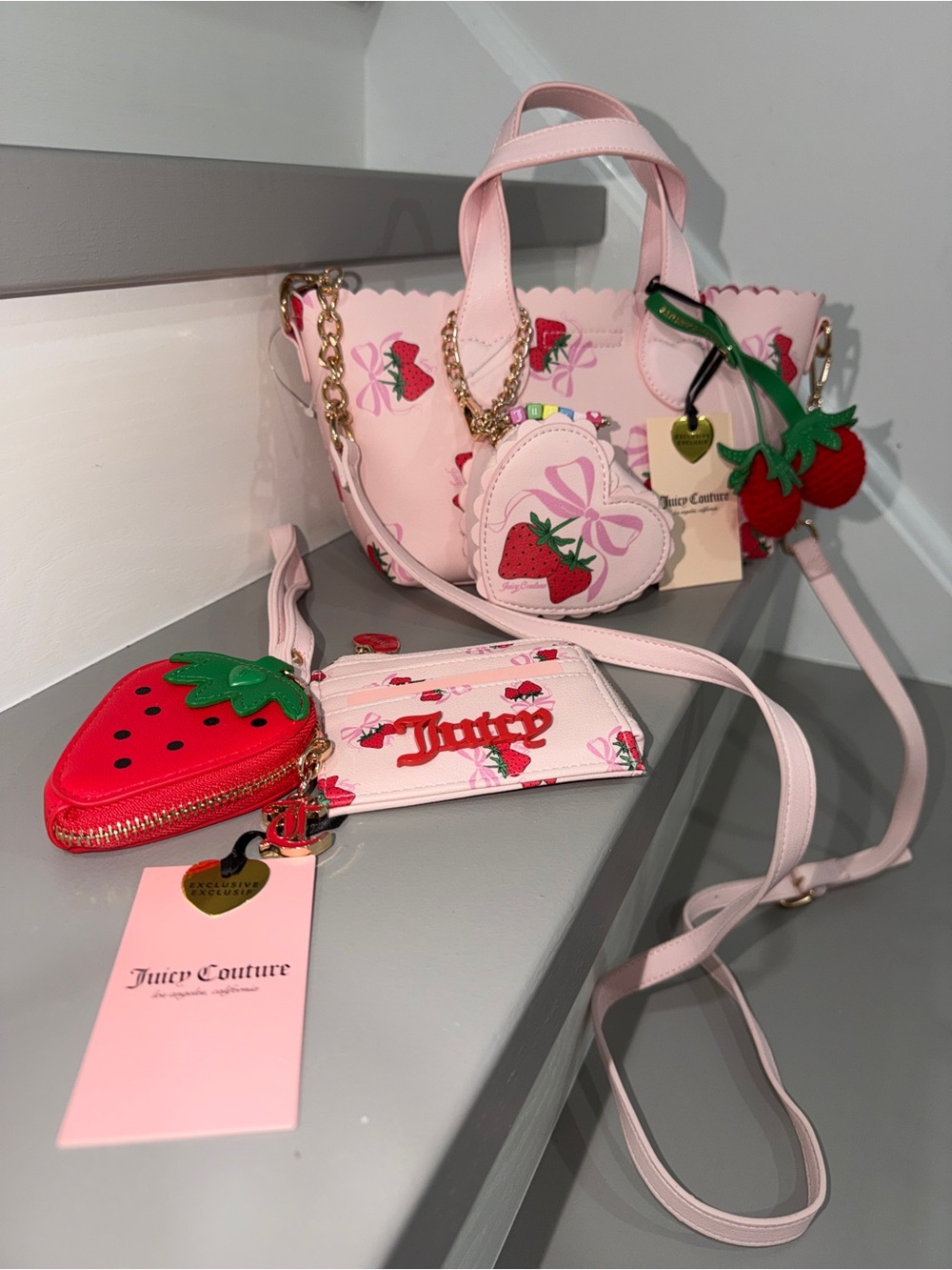 Juicy Couture Pink Strawberry Mini Tote with Cardholder and Coin Set